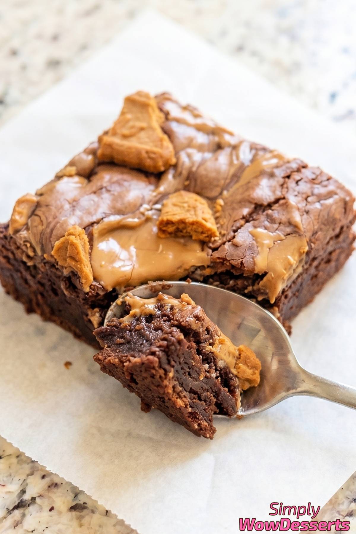 Indulgent Biscoff fudgy brownies closeup