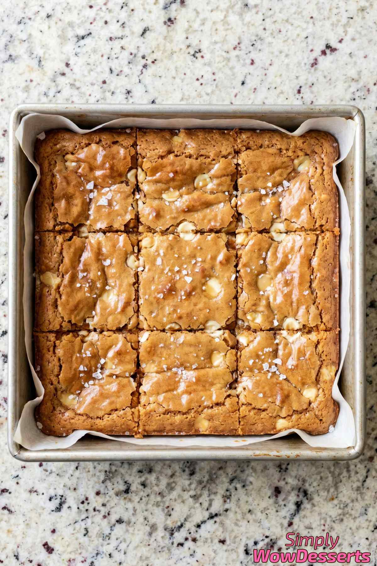 Warm brown butter miso blondies on plate