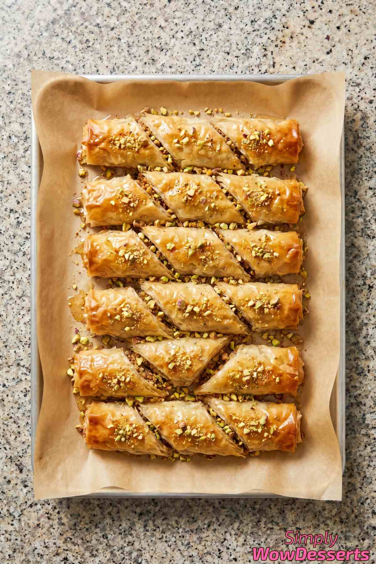 Homemade crispy baklava rolls close-up
