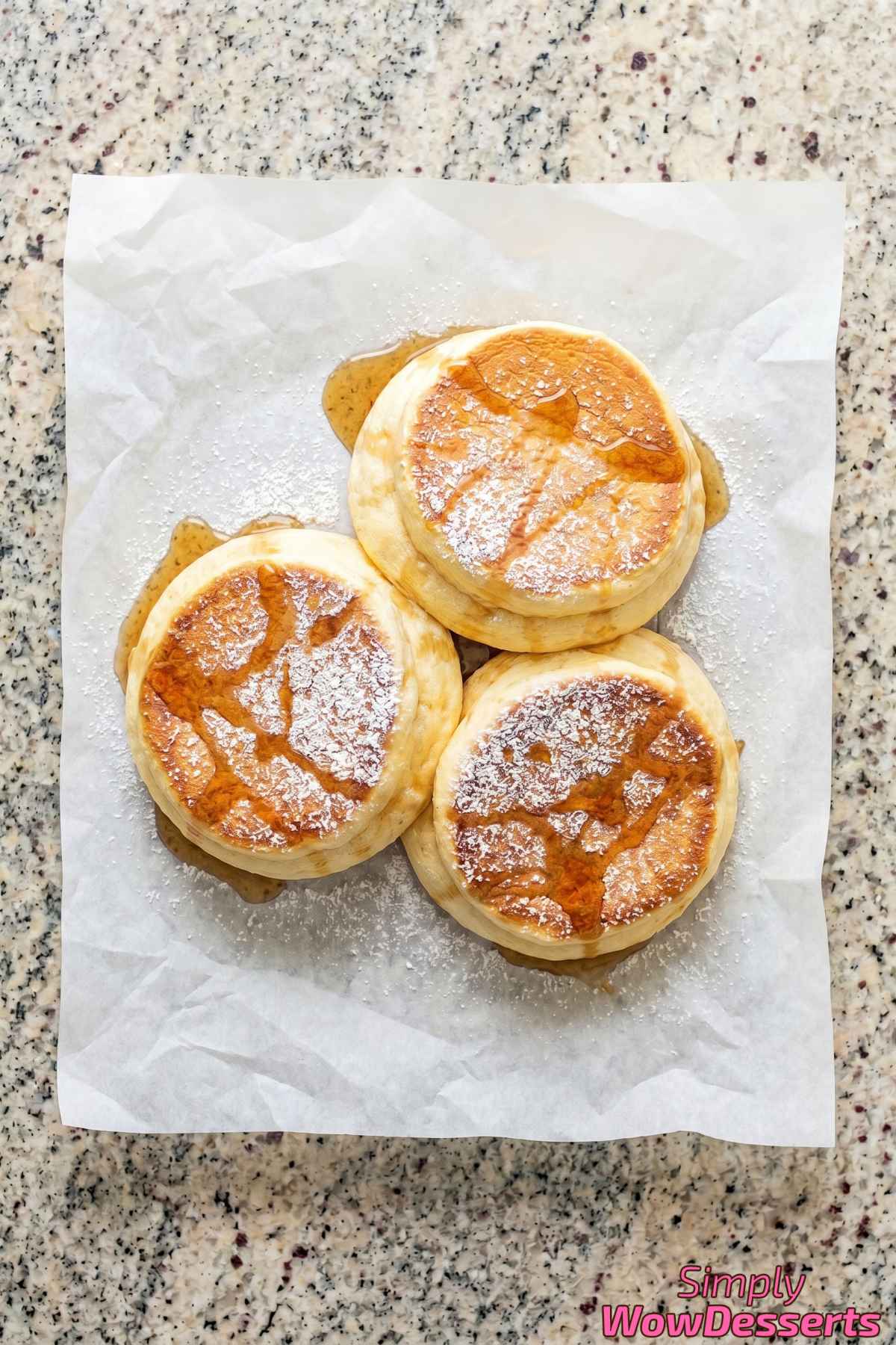 Soft golden Japanese souffle pancakes stacked