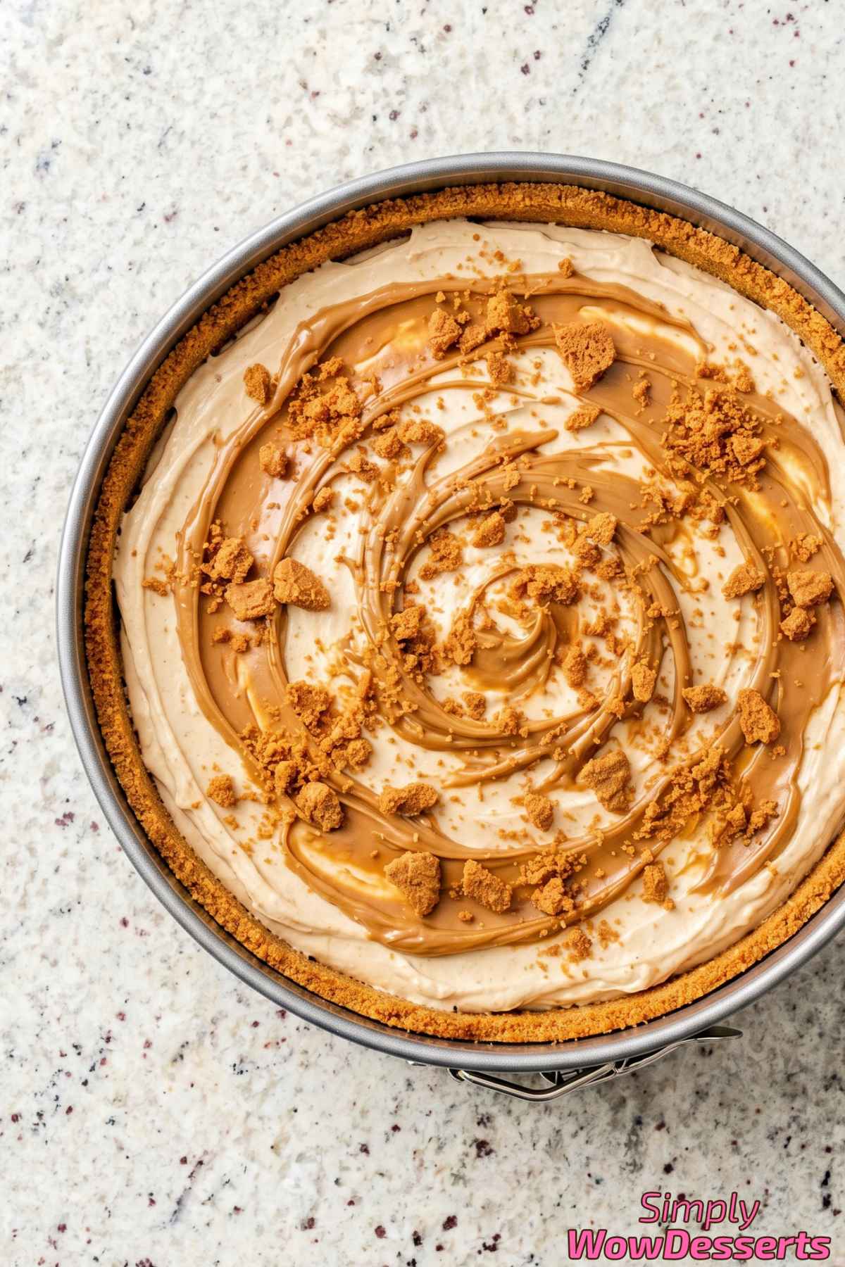 Smooth no-bake Biscoff cheesecake serving