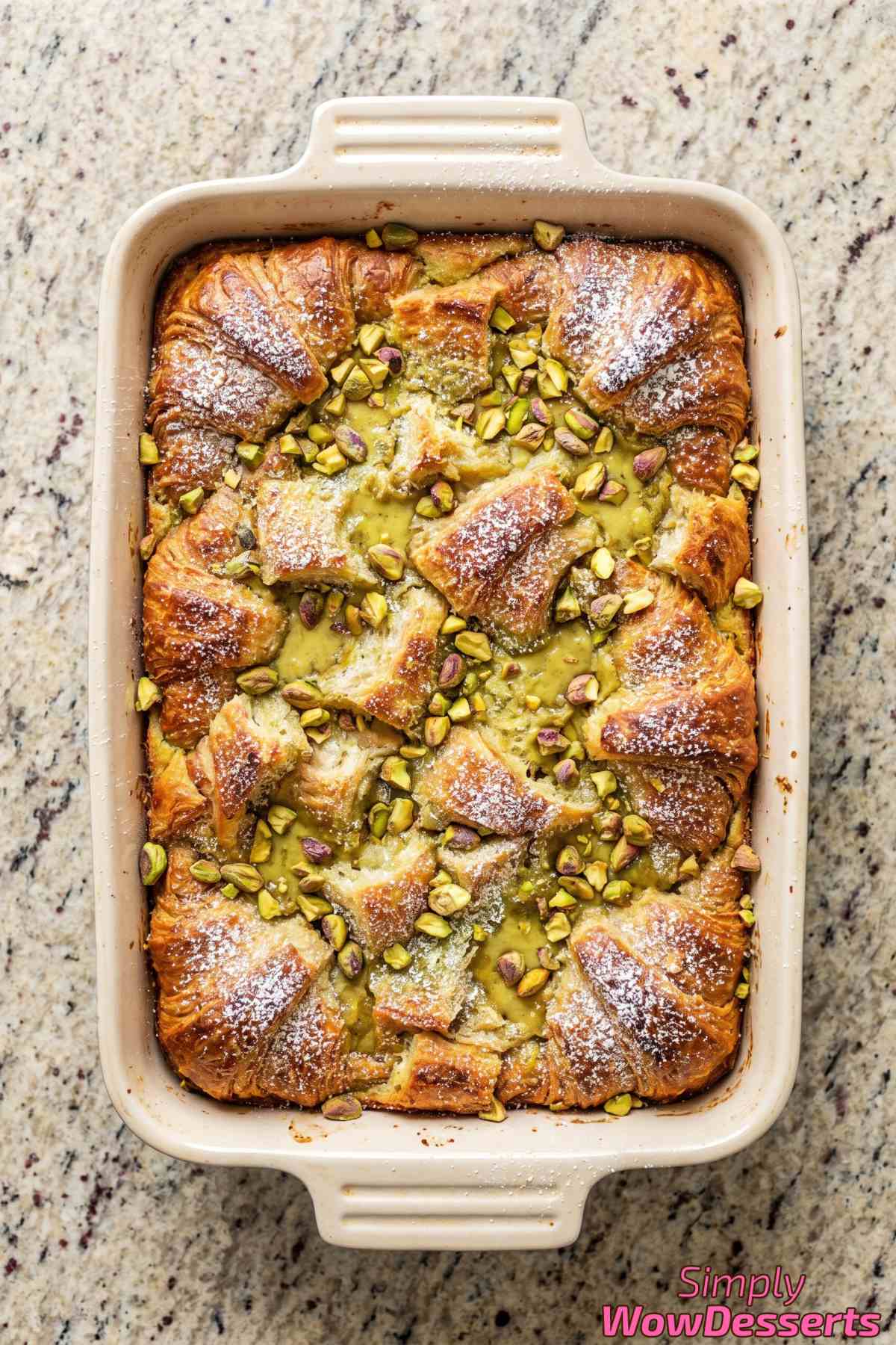 Decadent pistachio cream croissant bake