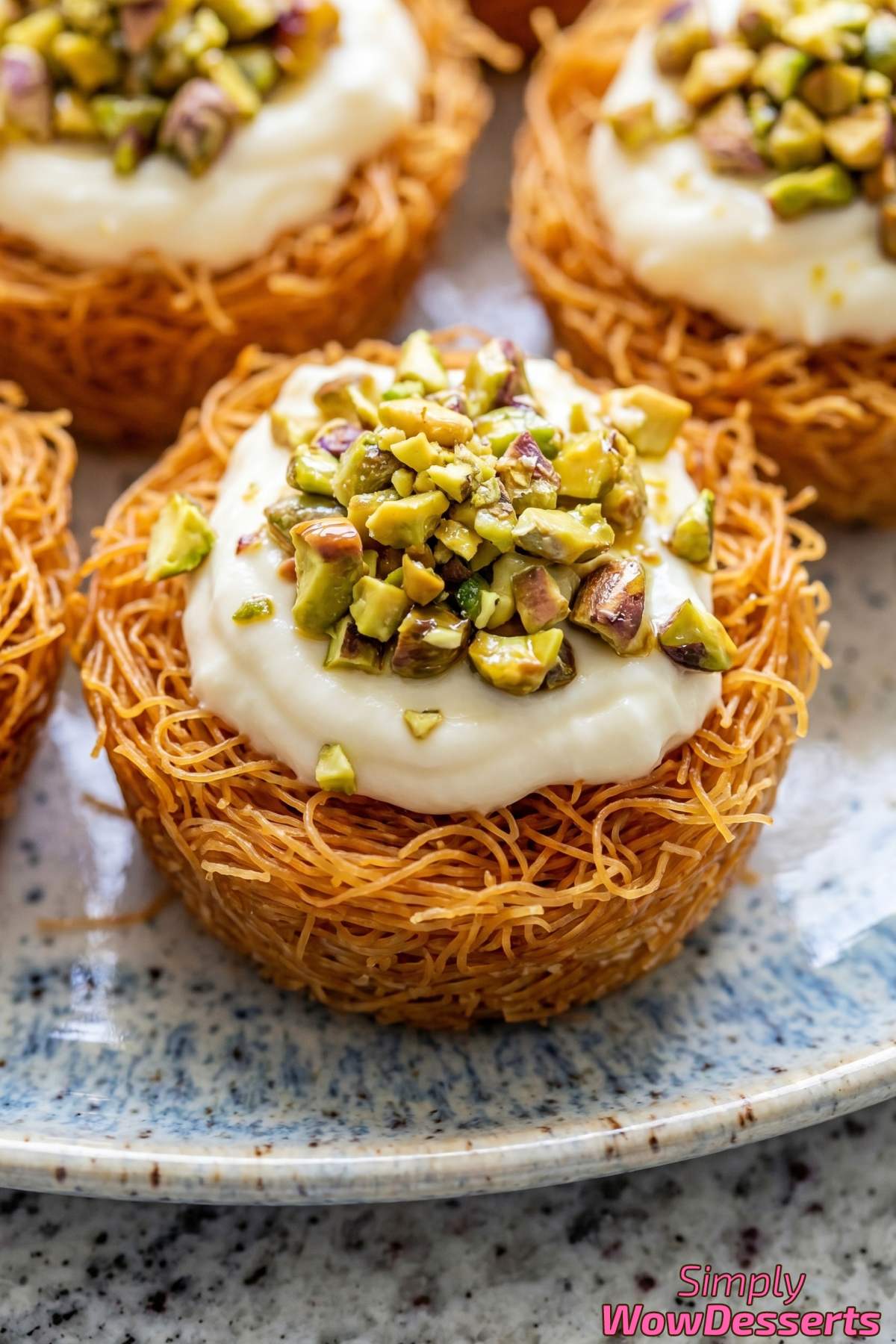 Sweet pistachio kunafa cups ready to serve