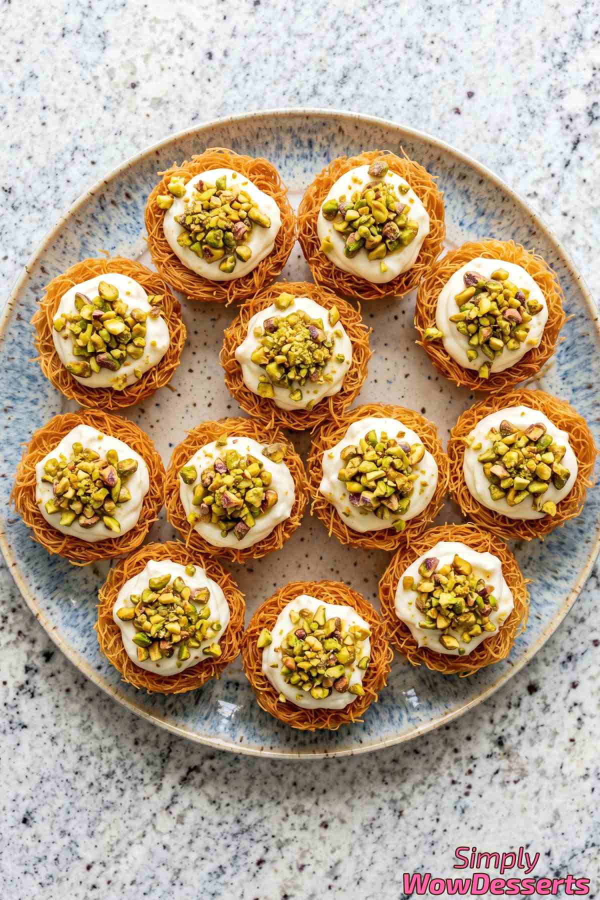 Decadent pistachio kunafa cups on a tray