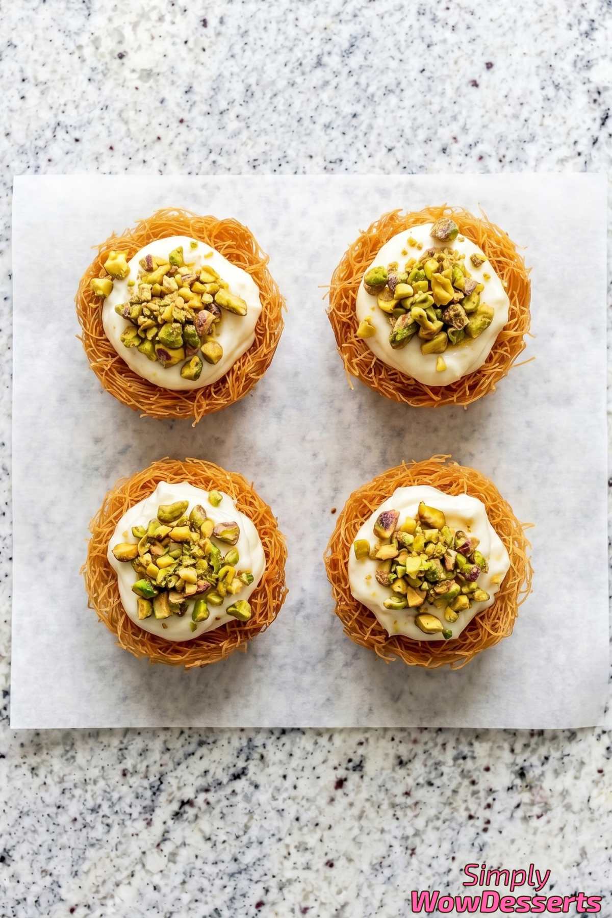 Crunchy pistachio kunafa cups with cream