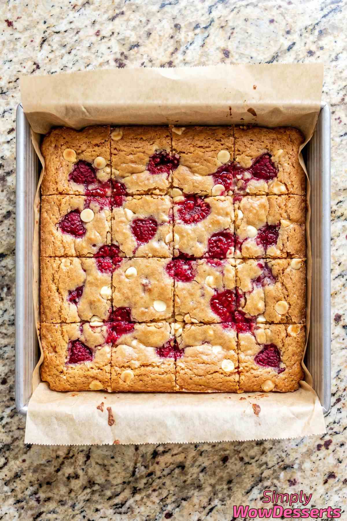 Sliced raspberry white chocolate blondies