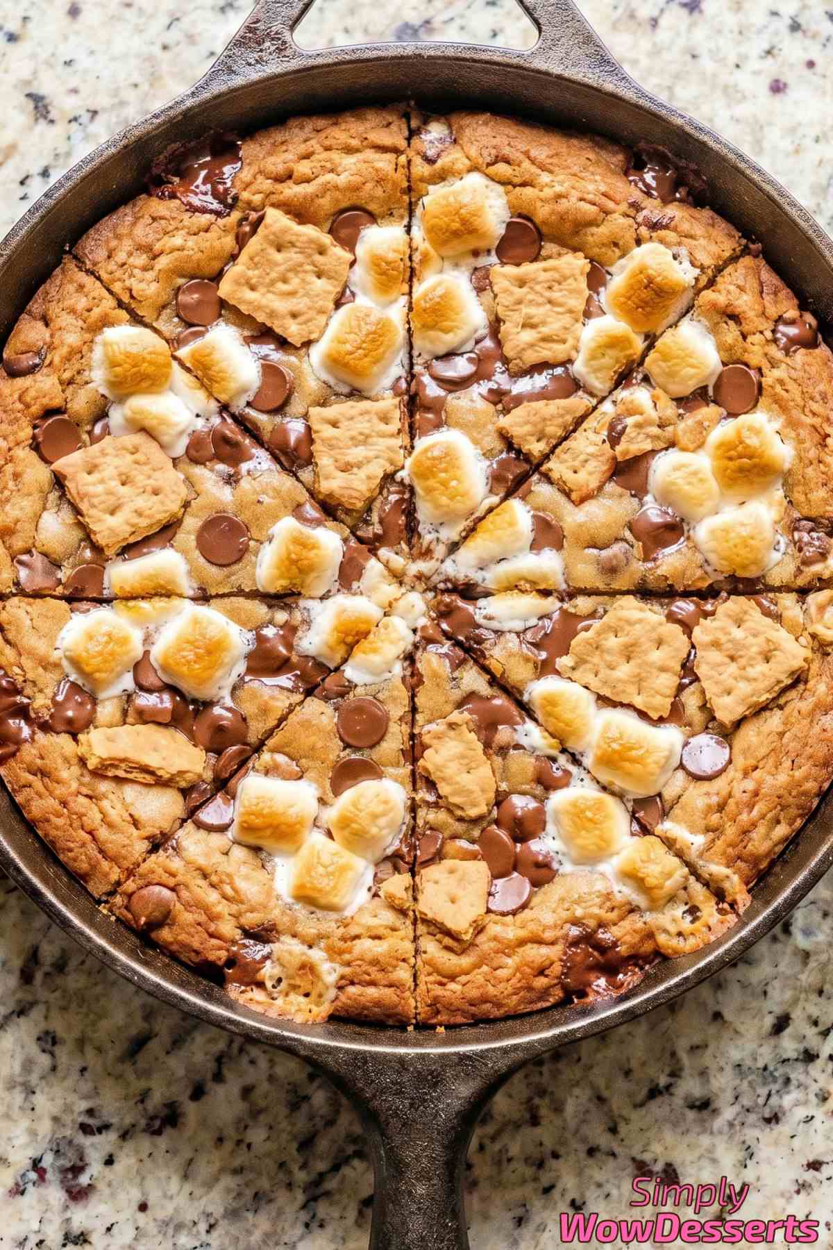 Gooey s'mores skillet cookie fresh from oven