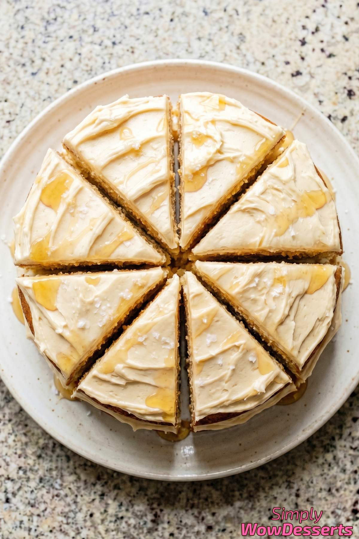 Decadent salted honey butter cake serving