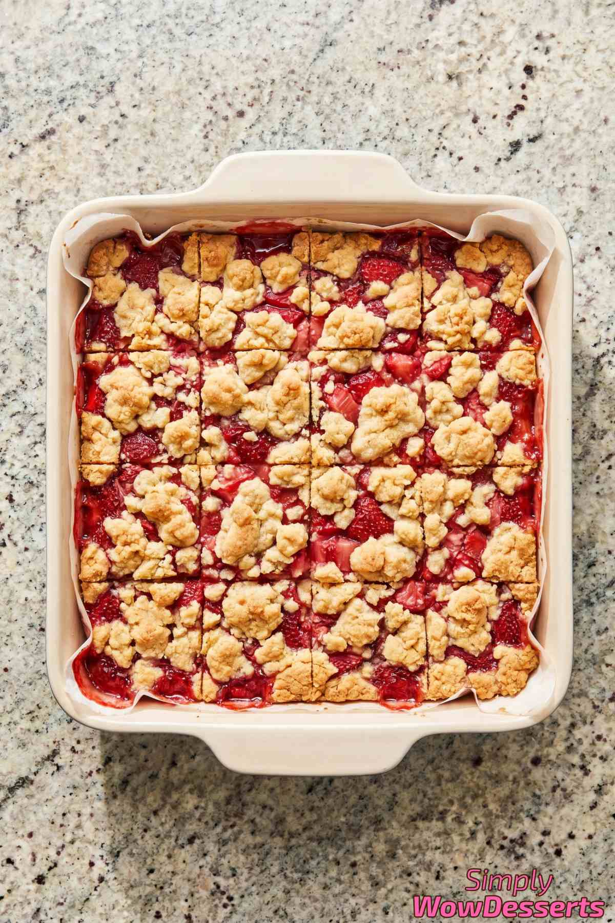 Rustic strawberry crumble bars stacked