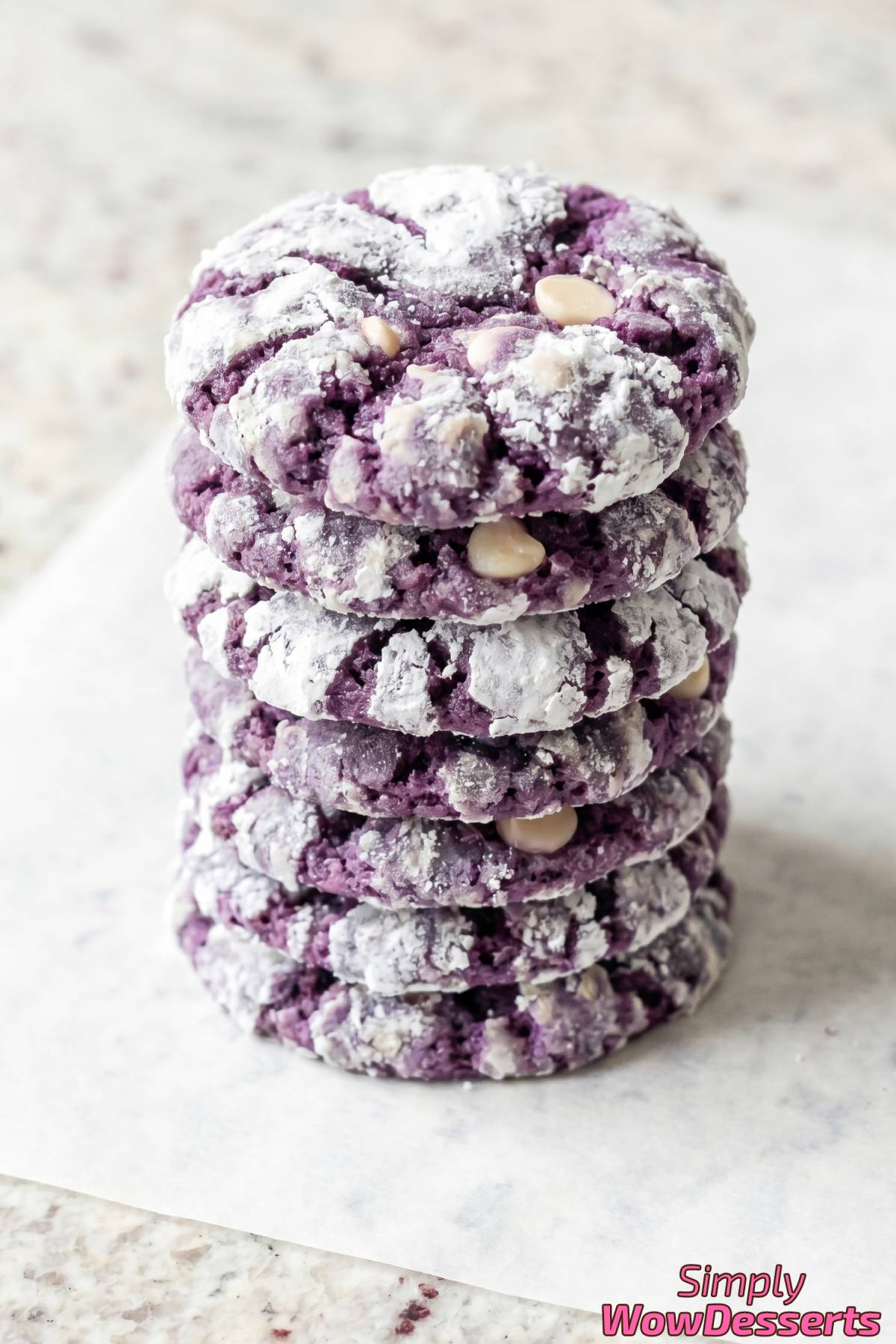 Gorgeous ube crinkle cookies close up