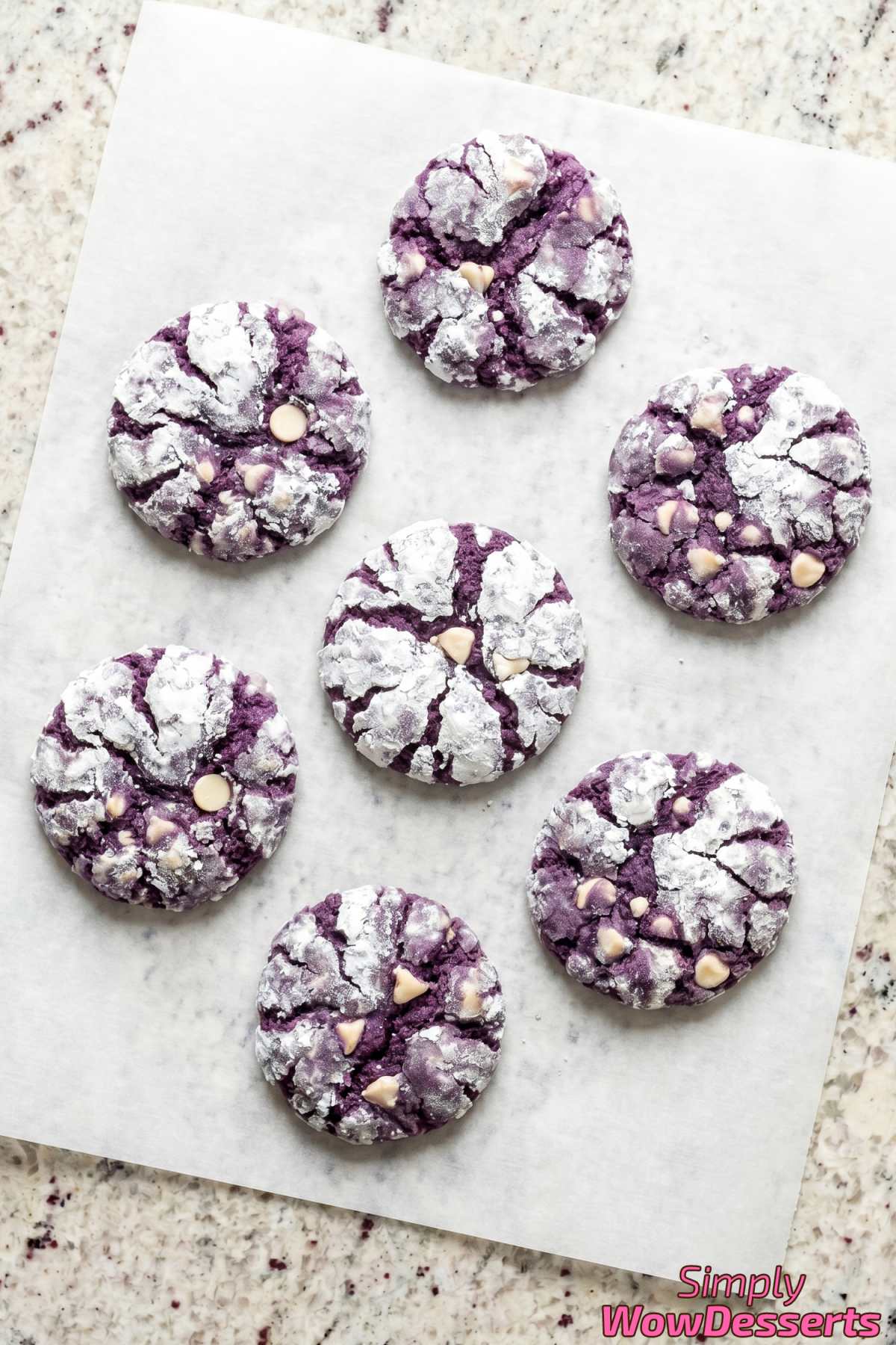 Freshly baked ube crinkle cookies