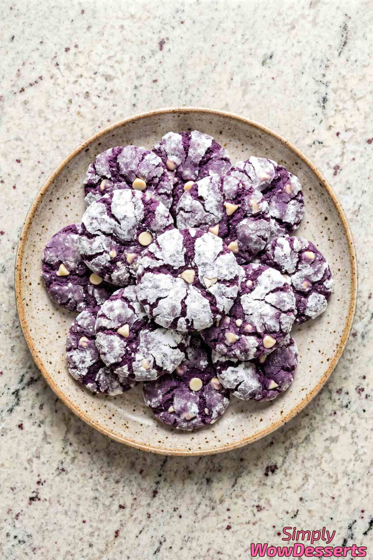 Tender ube crinkle cookies with cracks