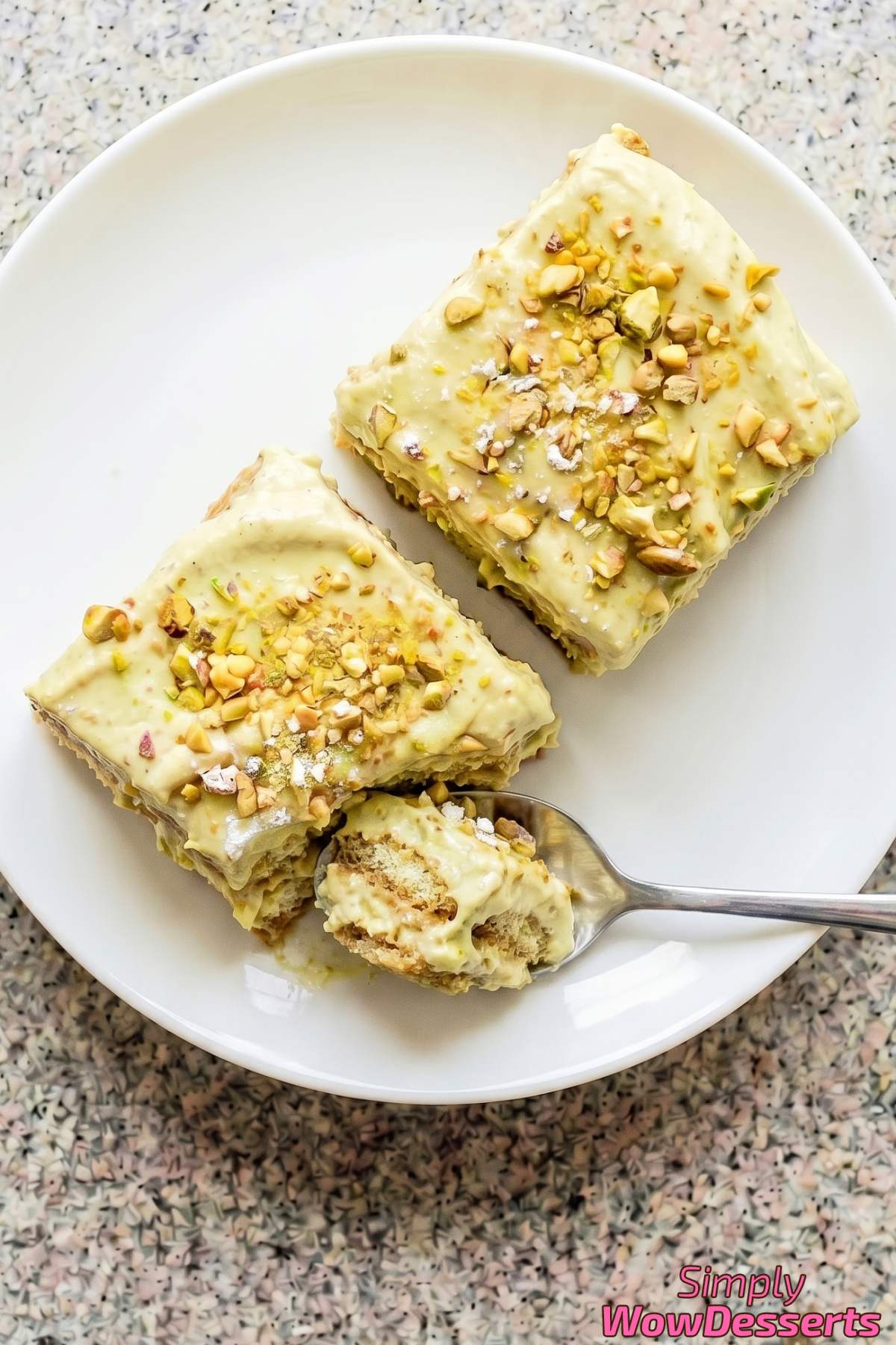 Homemade pistachio tiramisu slice