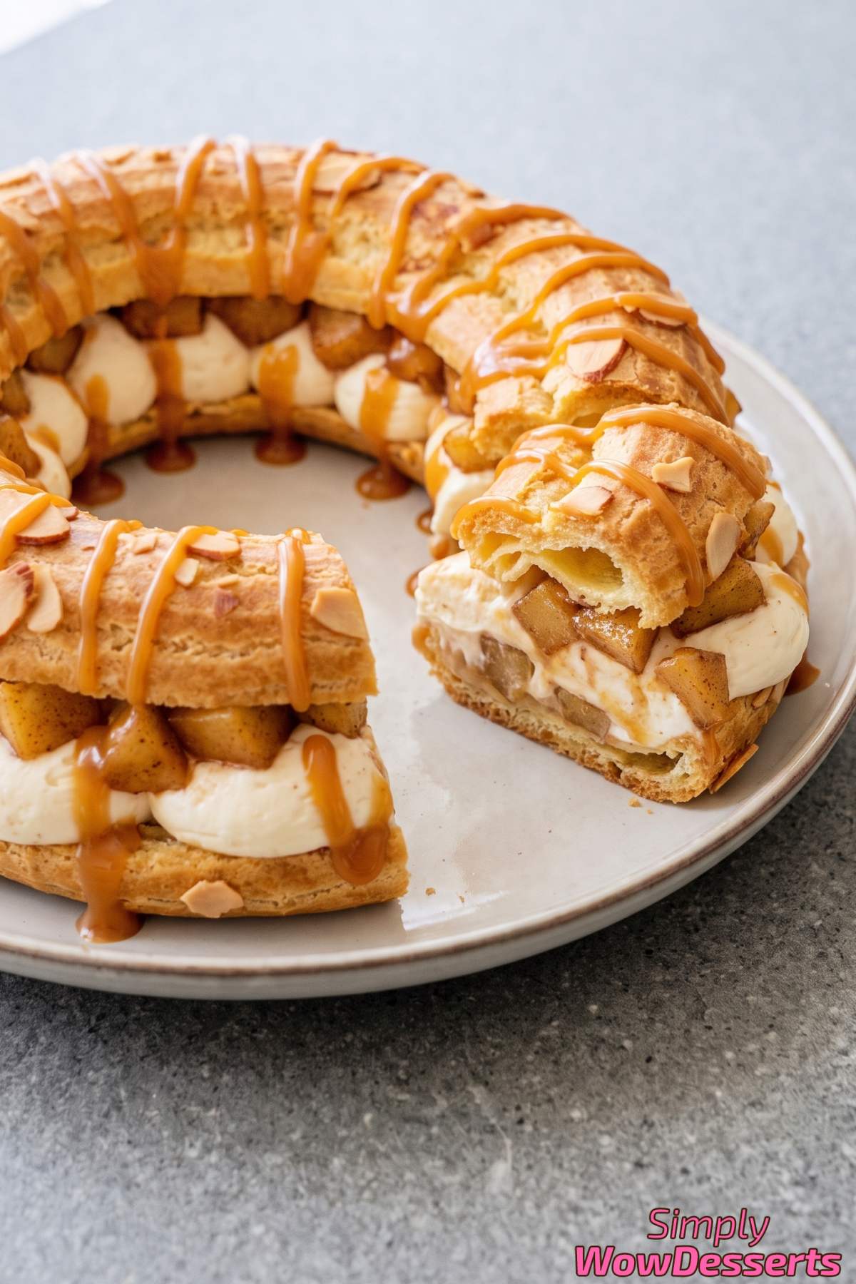 Fluffy cream puff ring with apples