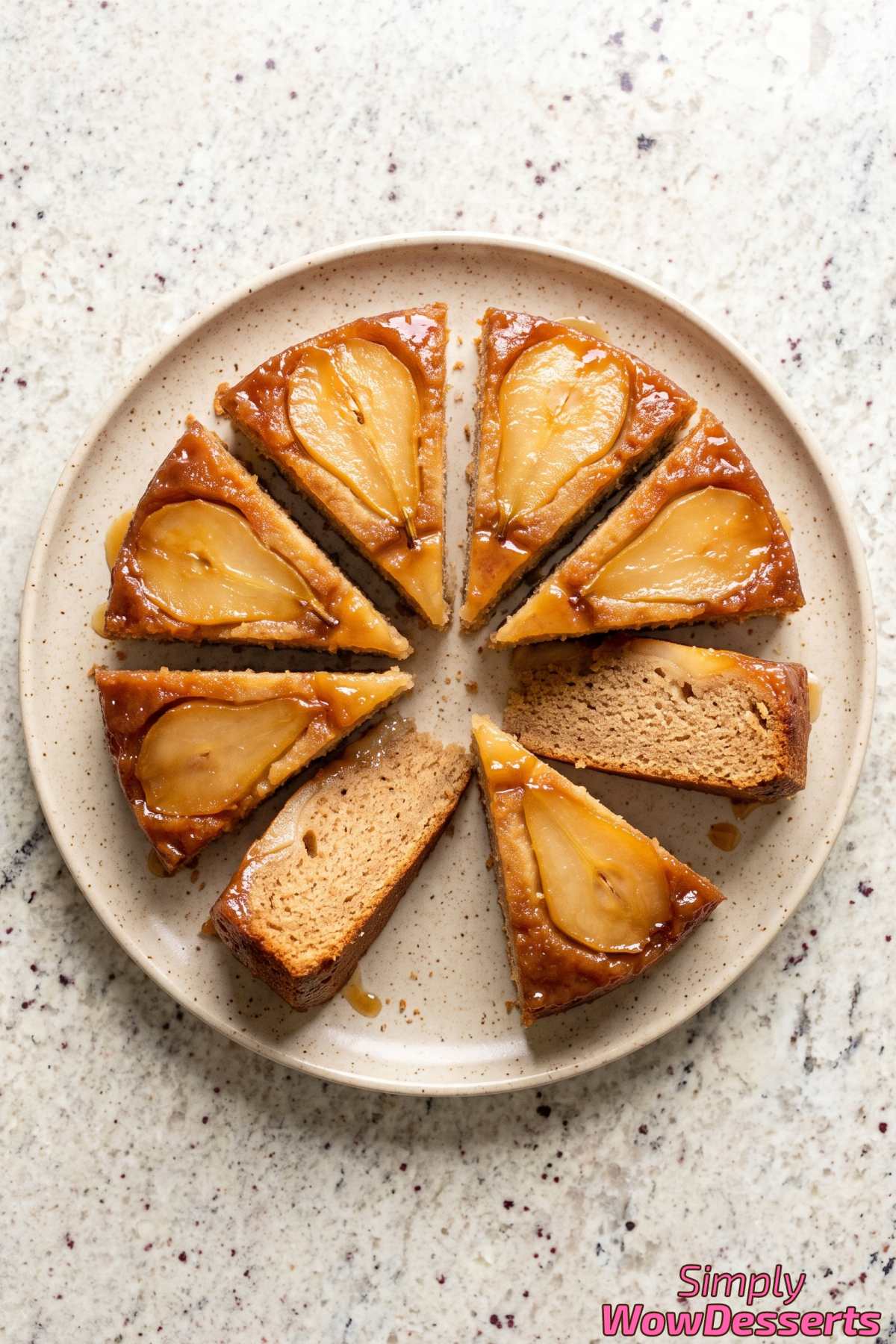 Golden pear upside-down cake with caramel