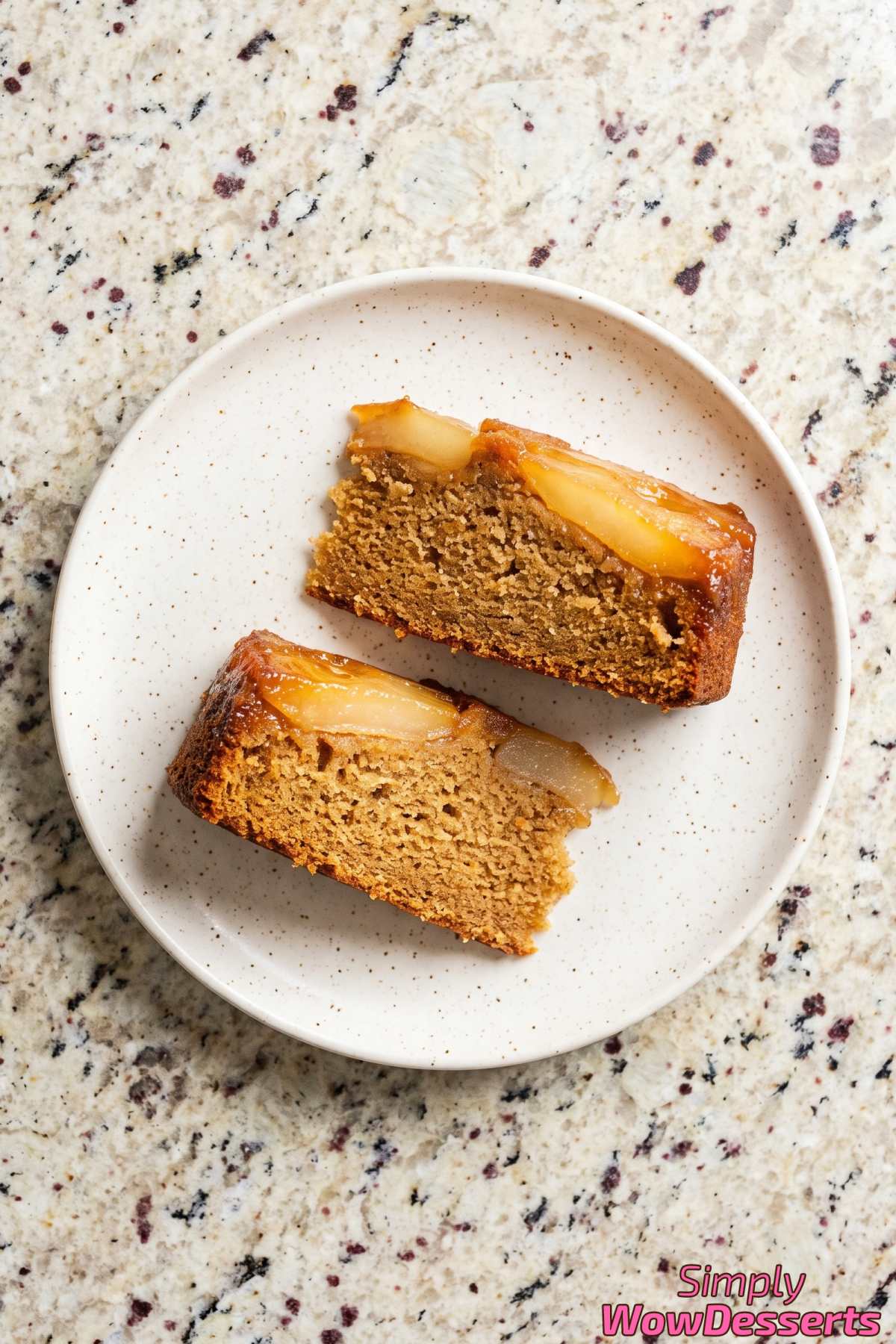 Sticky caramel pear cake fresh from oven