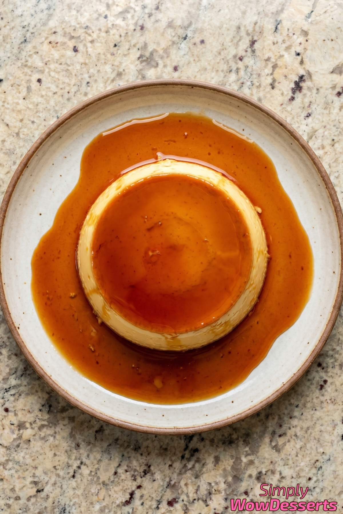 Velvety classic caramel flan serving