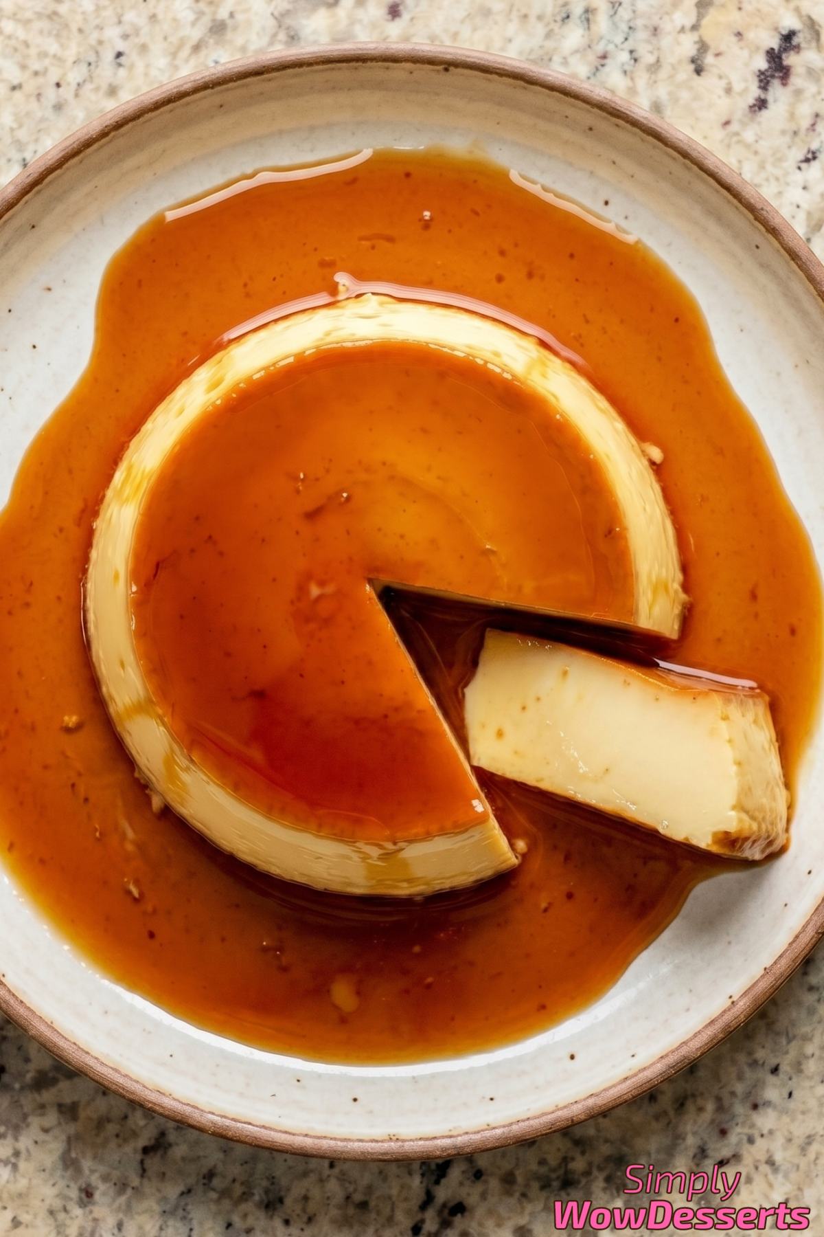 Creamy caramel flan with golden topping