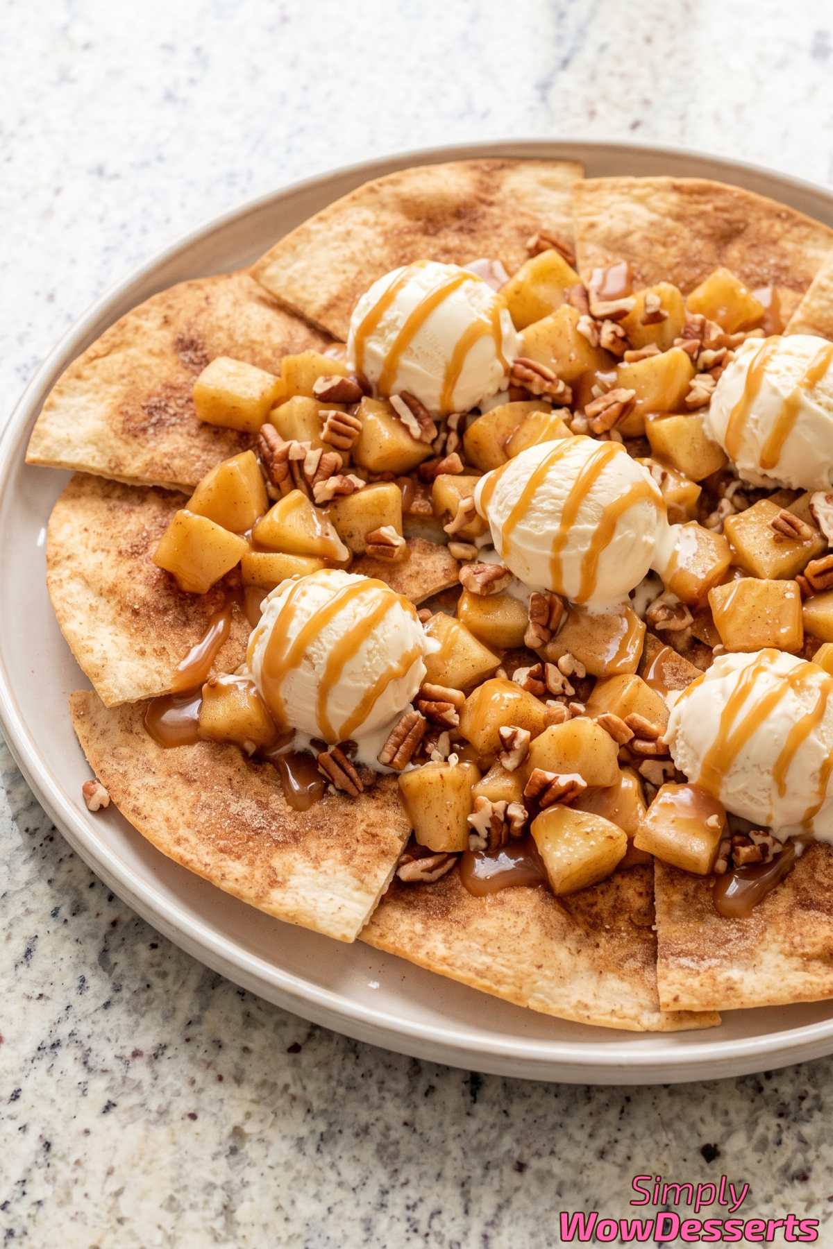 Warm apple pie nachos with caramel