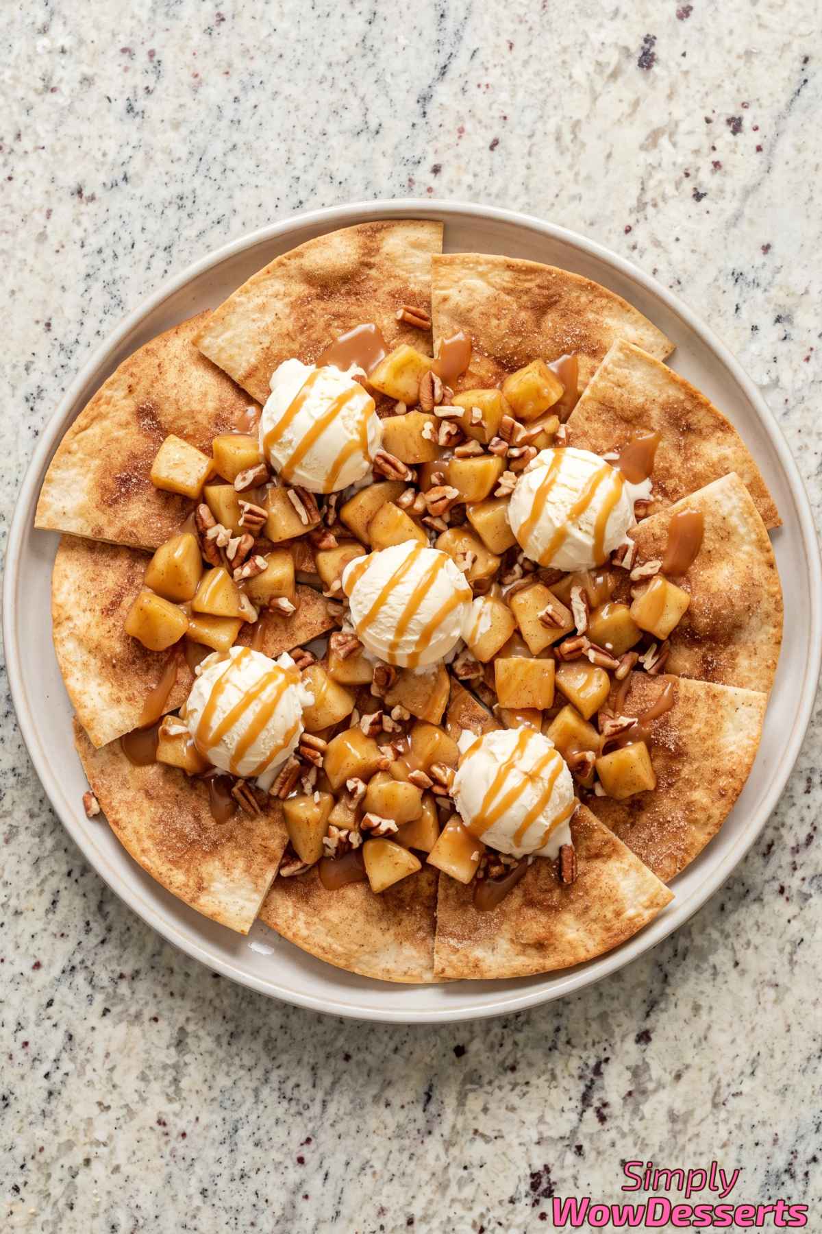 Caramel apple pie nachos on a plate