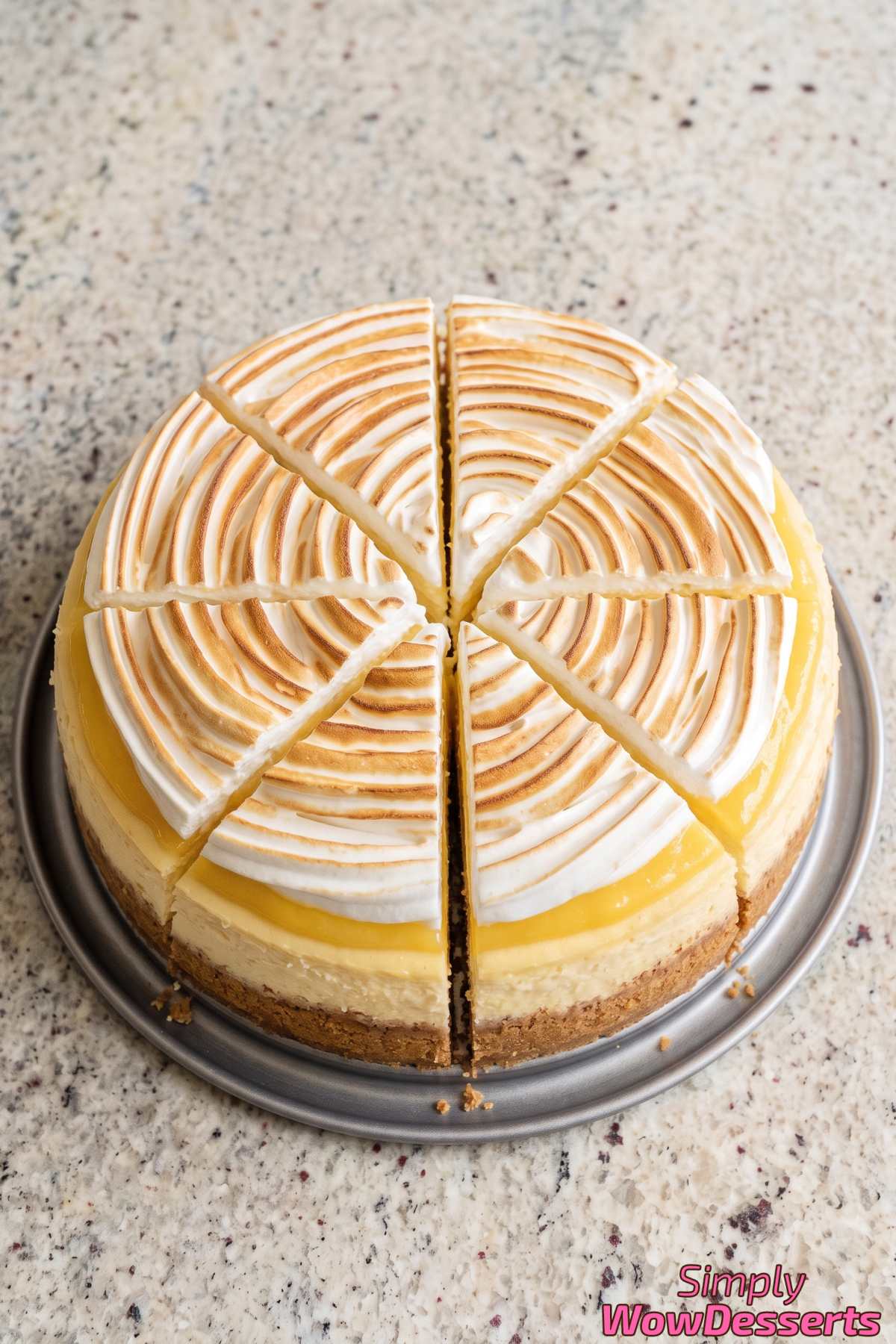 Smooth lemon cheesecake meringue swirl