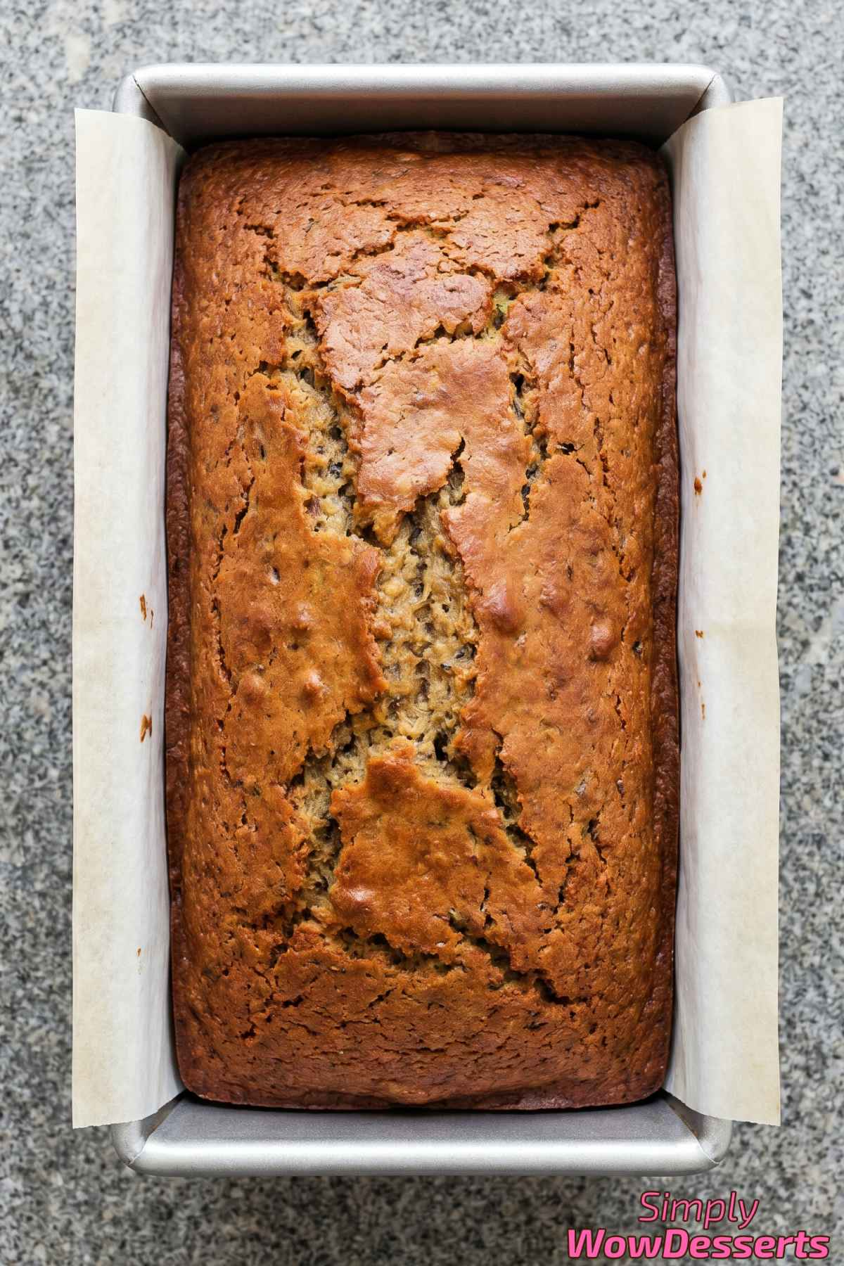 Soft moist banana bread with golden crust