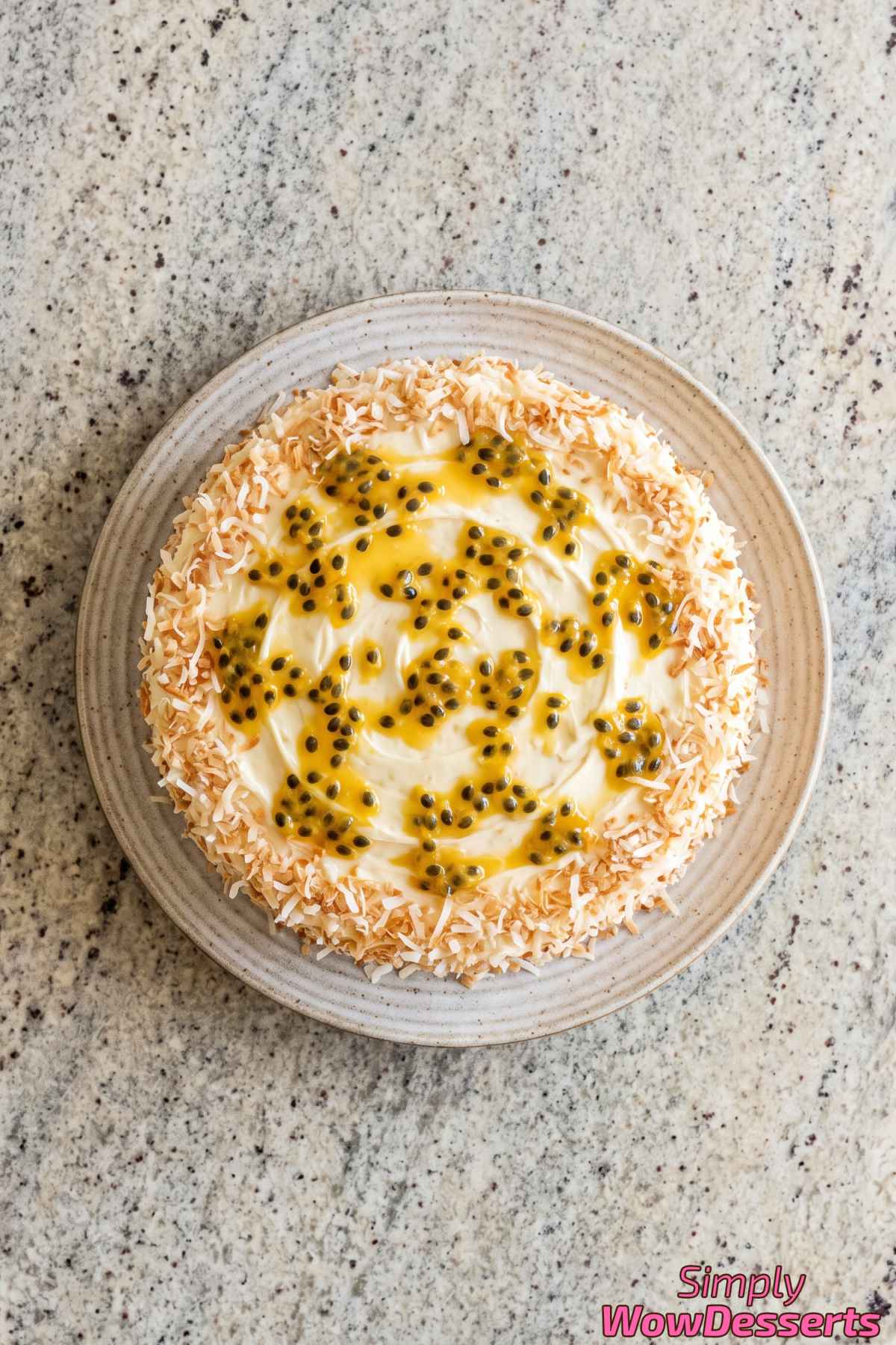 Moist coconut cake with passion fruit