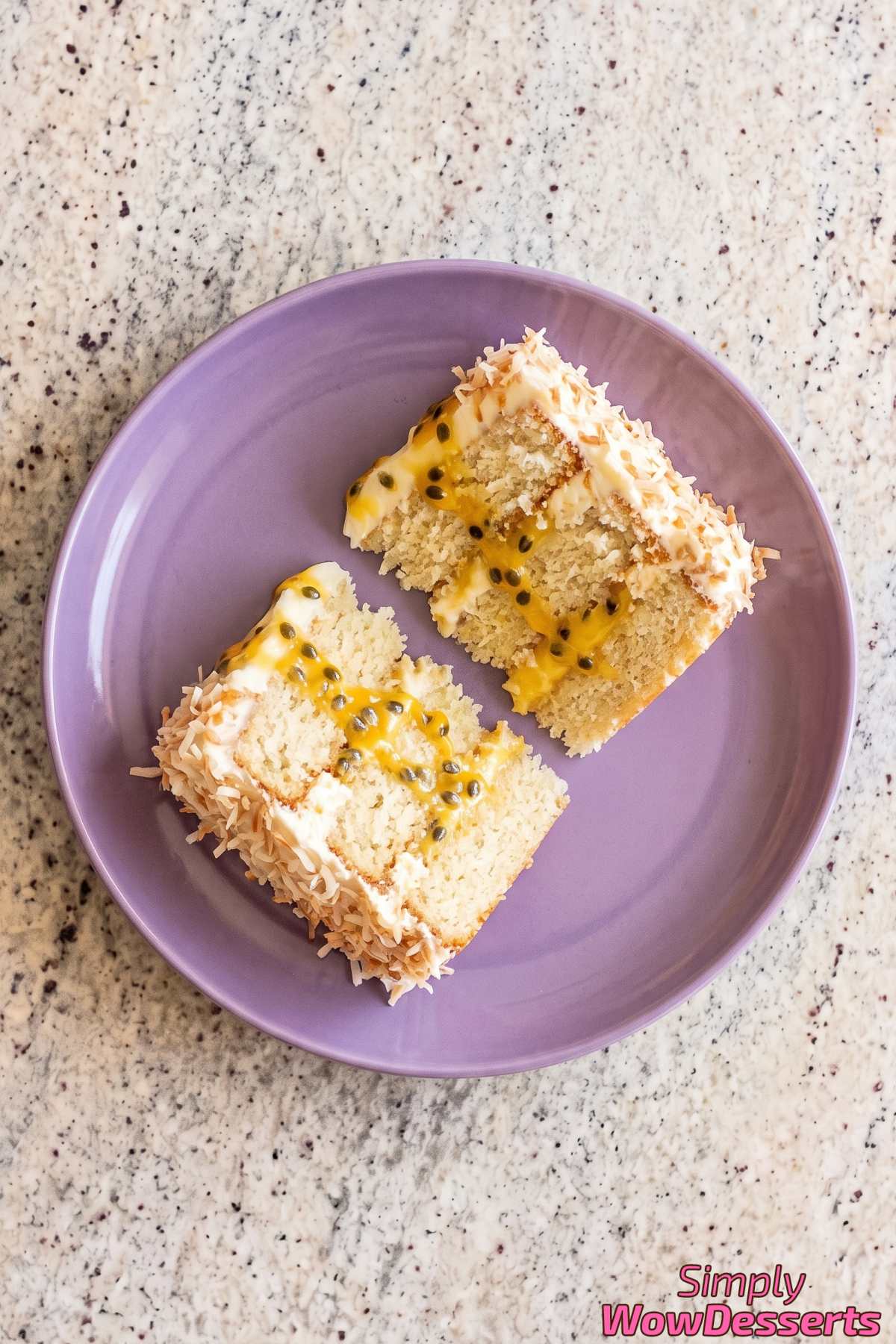 Sweet coconut cake topped passion fruit
