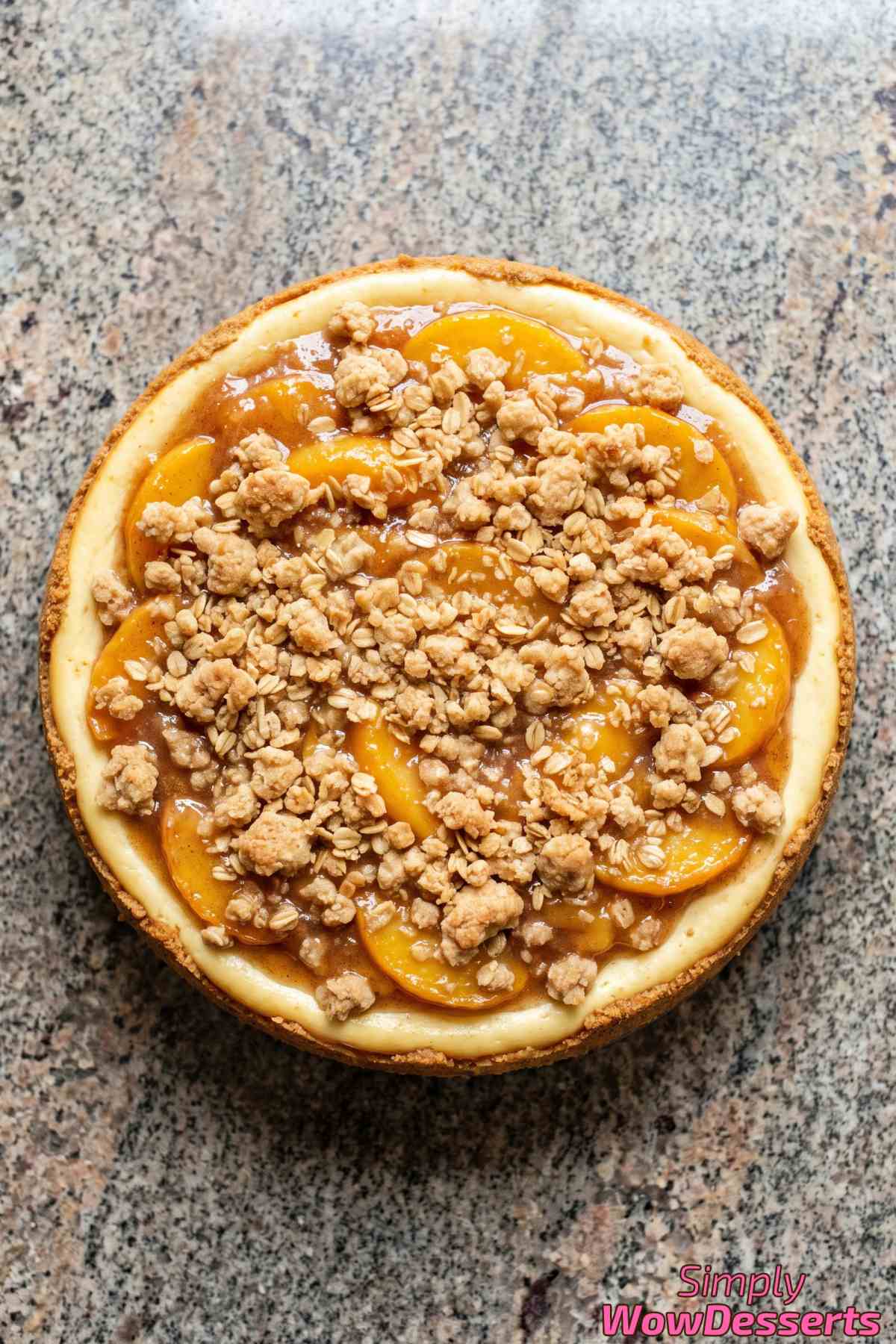 Rich peach cobbler cheesecake slice