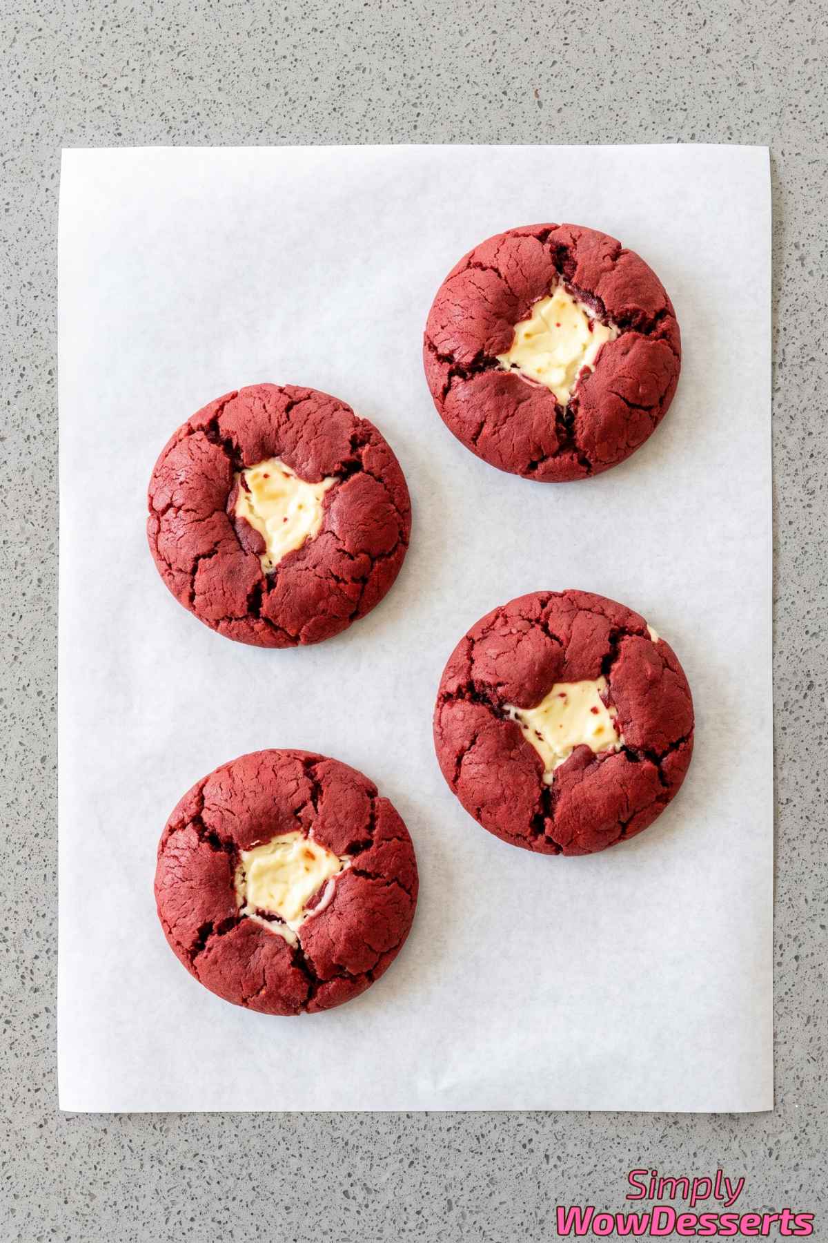 Red velvet cheesecake cookies on a plate