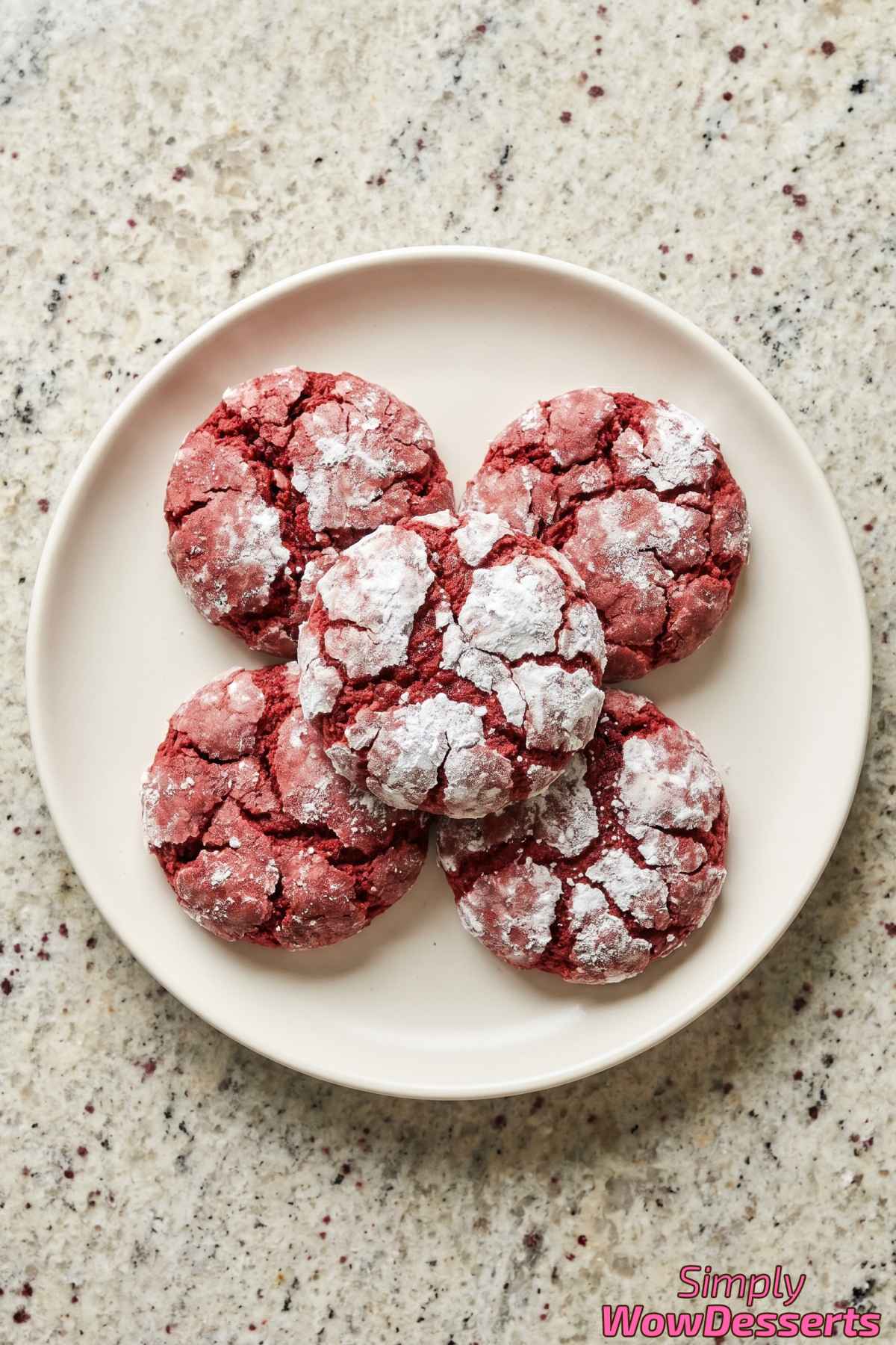Stacked red velvet crinkle cookies