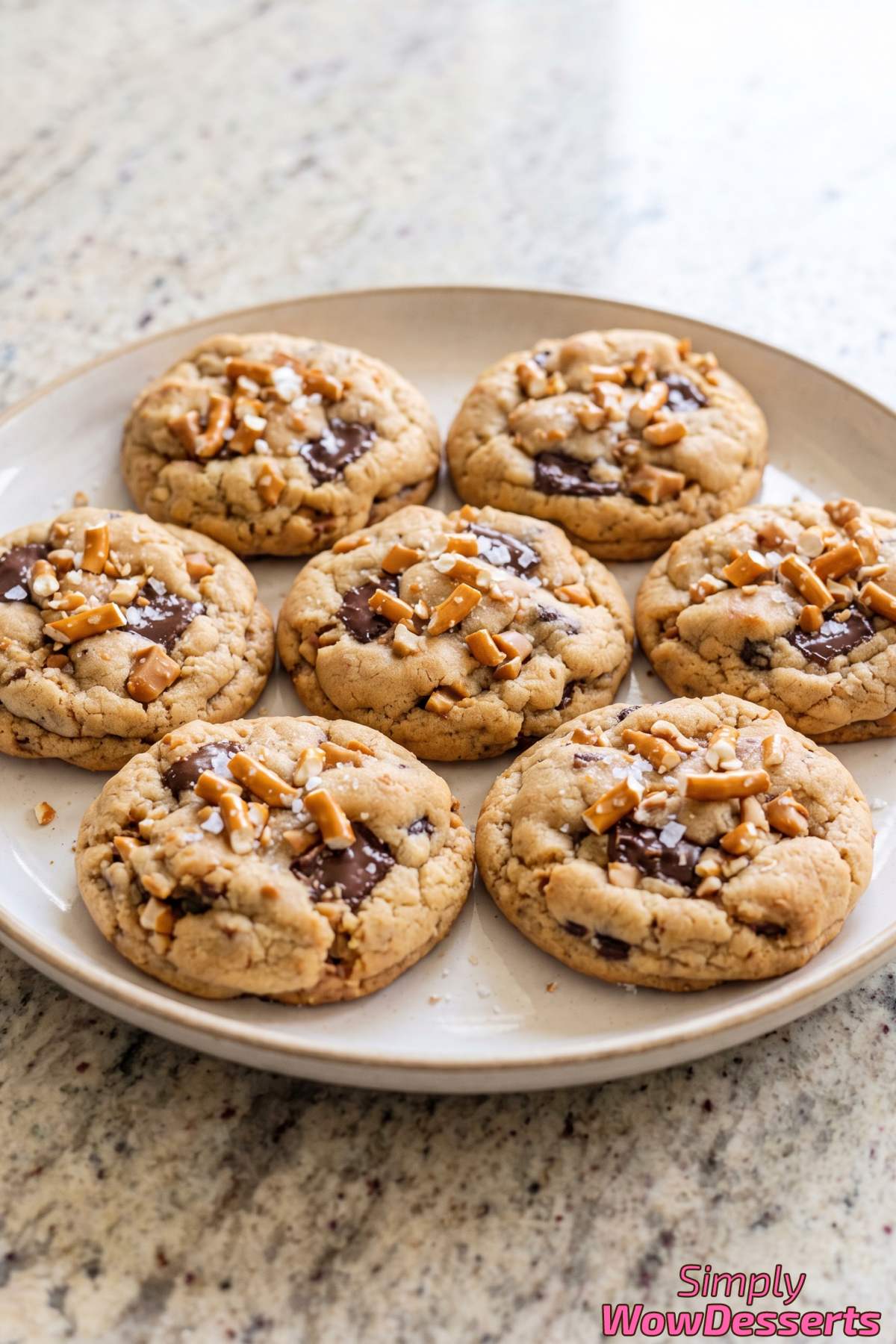 Golden pretzel toffee cookies stacked up