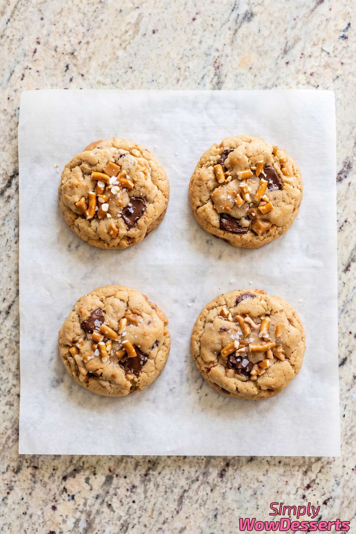 Chewy toffee cookies with crushed pretzels