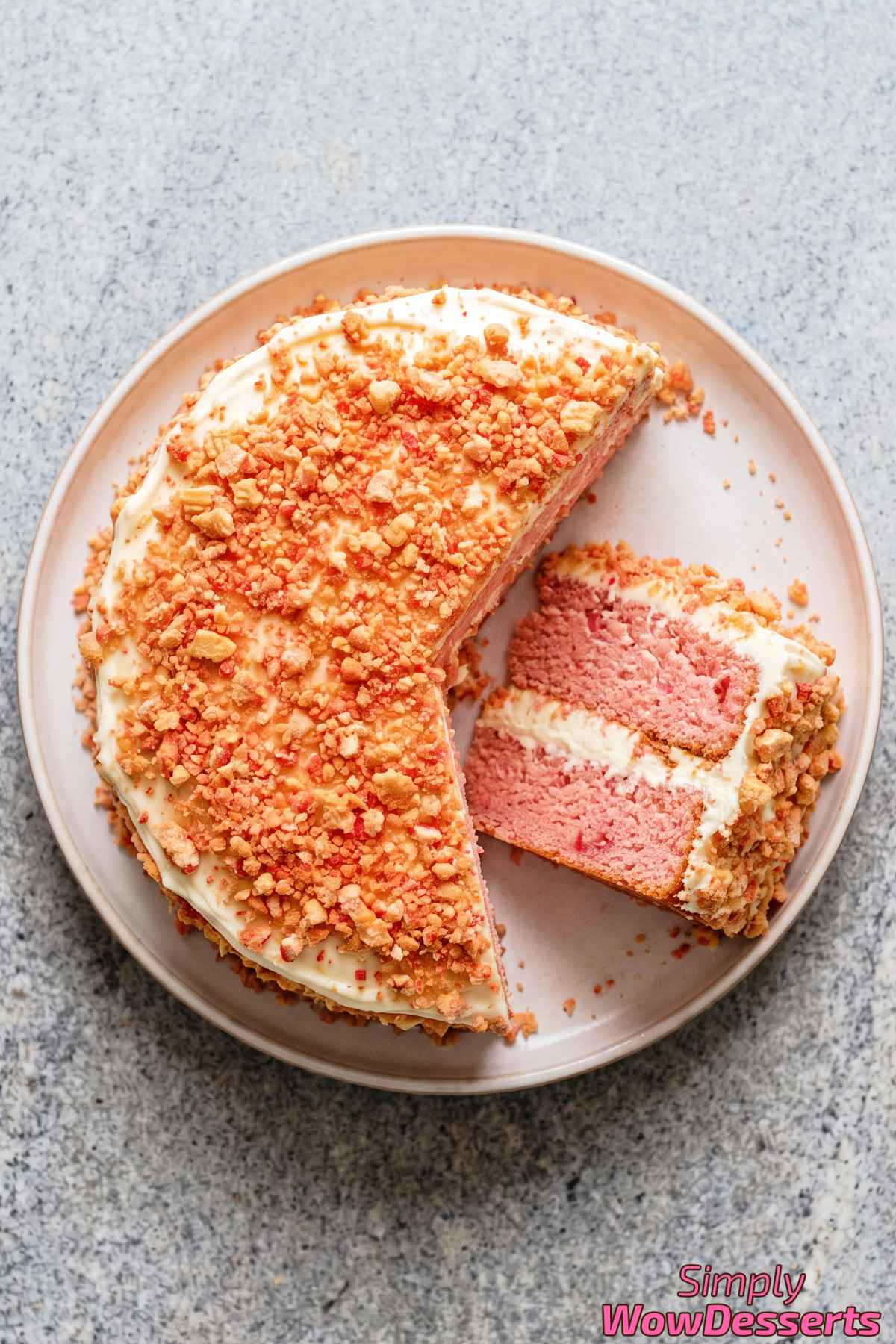 Strawberry crumb cake with pink frosting