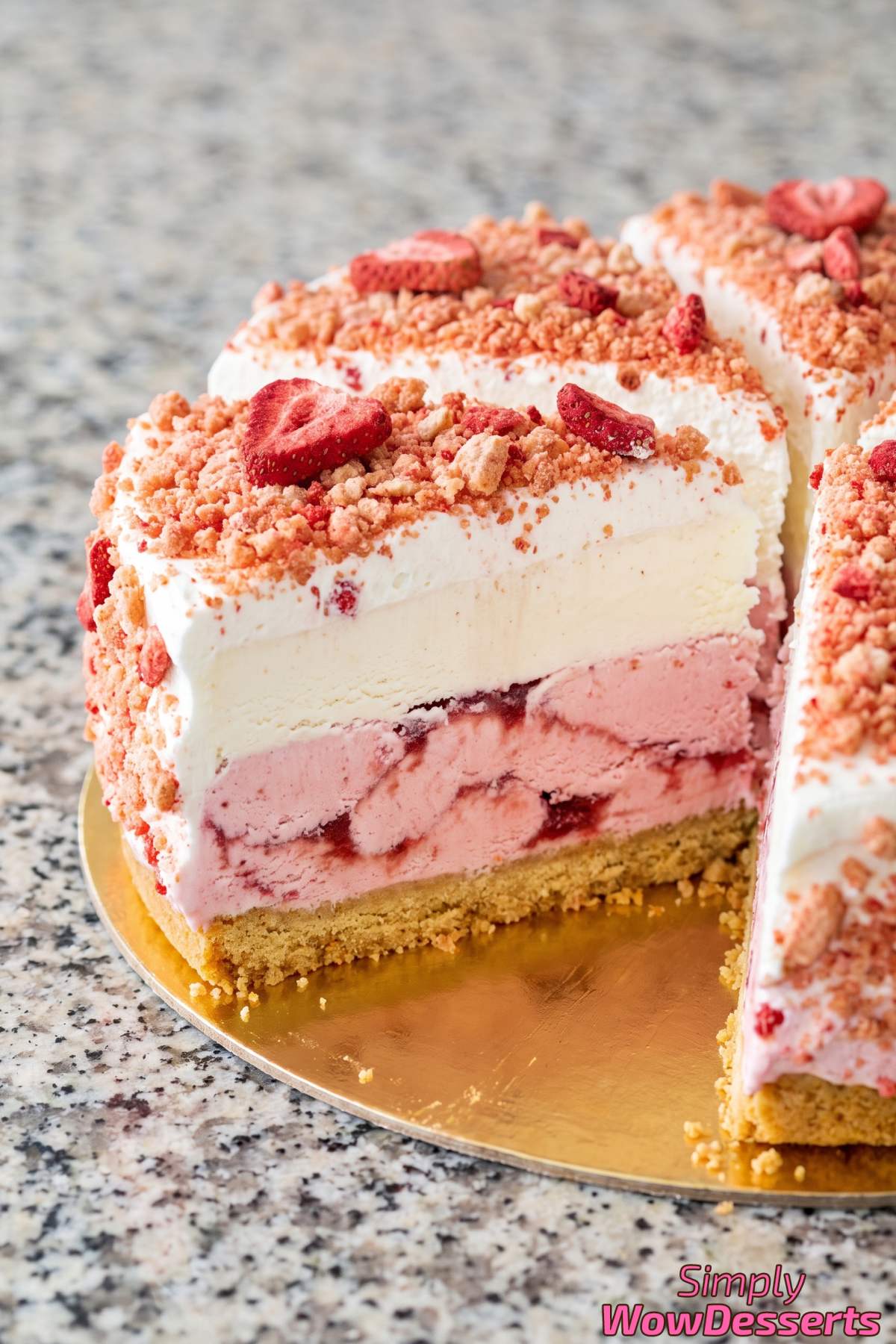 Layered strawberry crunch ice cream cake