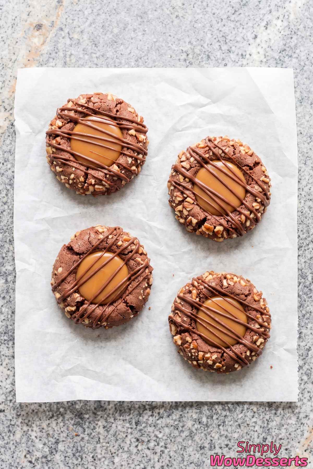 Chocolate caramel thumbprint cookies